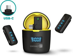 Connect IT ClipMic Pro, bezdrôtový mikrofón, USB-C, 2 ks + receiver, čierny