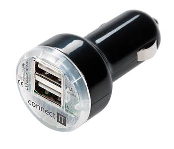 CONNECT IT USB adaptér do autozapaľovača, 2× USB - 2,1A a 1A, čierny