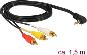 Delock kábel 4 pin Jack 3,5 na 3x cinch M/M, prepojovací 1,5m 90 st. zahnutý čierny
