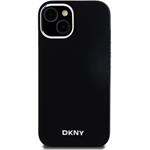 DKNY Liquid Silicone Silver Metal Logo Magsafe kryt pre iPhone 15, čierny