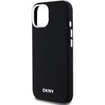 DKNY Liquid Silicone Silver Metal Logo Magsafe kryt pre iPhone 15, čierny