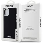 DKNY Liquid Silicone Silver Metal Logo Magsafe kryt pre iPhone 15, čierny