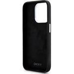 DKNY Liquid Silicone Silver Metal Logo Magsafe kryt pre iPhone 15 Pro, čierny