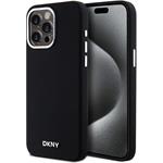 DKNY Liquid Silicone Silver Metal Logo Magsafe kryt pre iPhone 15 Pro Max, čierny