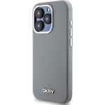 DKNY Liquid Silicone Silver Metal Logo Magsafe kryt pre iPhone 15 Pro, sivý