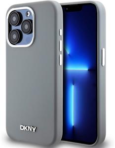 DKNY Liquid Silicone Silver Metal Logo Magsafe kryt pre iPhone 15 Pro, sivý