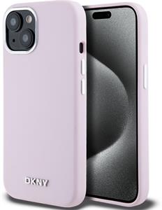 DKNY Liquid Silicone Silver Metal Logo Magsafe kryt pre iPhone 15, ružový