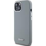 DKNY Liquid Silicone Silver Metal Logo Magsafe kryt pre iPhone 15, sivý