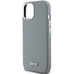 DKNY Liquid Silicone Silver Metal Logo Magsafe kryt pre iPhone 15, sivý