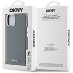 DKNY Liquid Silicone Silver Metal Logo Magsafe kryt pre iPhone 15, sivý