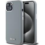 DKNY Liquid Silicone Silver Metal Logo Magsafe kryt pre iPhone 15, sivý