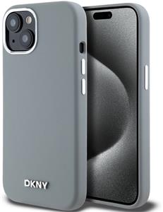 DKNY Liquid Silicone Silver Metal Logo Magsafe kryt pre iPhone 15, sivý