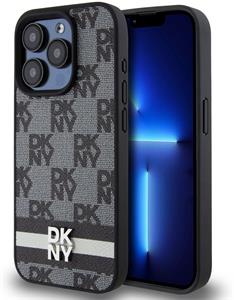 DKNY PU Leather Checkered Pattern and Stripe kryt pre iPhone 13 Pro Max, čierny
