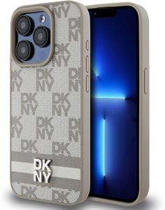 DKNY PU Leather Checkered Pattern and Stripe kryt pre iPhone 15 Pro, béžový