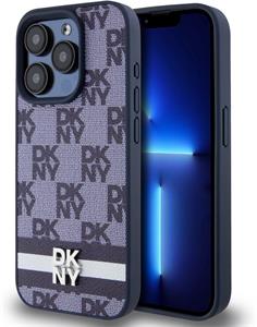 DKNY PU Leather Checkered Pattern and Stripe kryt pre iPhone 15 Pro, modrý
