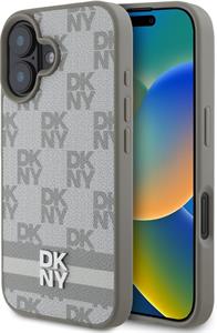 DKNY PU Leather Checkered Pattern and Stripe kryt pre iPhone 16, béžový