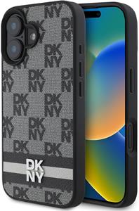 DKNY PU Leather Checkered Pattern and Stripe kryt pre iPhone 16, čierny