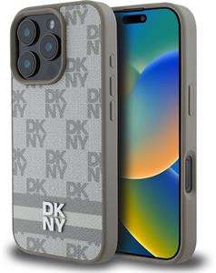 DKNY PU Leather Checkered Pattern and Stripe kryt pre iPhone 16 Pro, béžový