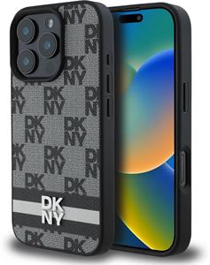 DKNY PU Leather Checkered Pattern and Stripe kryt pre iPhone 16 Pro, čierny