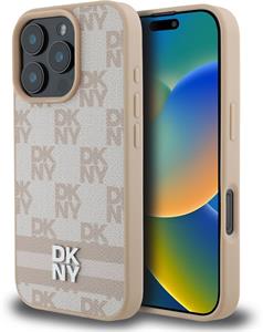 DKNY PU Leather Checkered Pattern and Stripe kryt pre iPhone 16 Pro Max, ružový