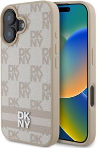 DKNY PU Leather Checkered Pattern and Stripe kryt pre iPhone 16, ružový