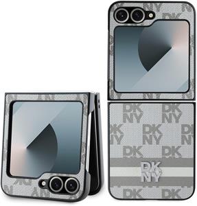 DKNY PU Leather Checkered Pattern and Stripe kryt pre Samsung Galaxy Z Flip 6/7 FE, béžový