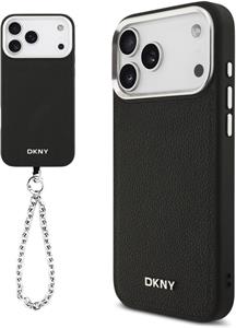 DKNY PU Leather Metal Logo Wrist Chain MagSafe kryt pre iPhone 17 Pro Max, čierny
