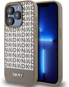 DKNY PU Leather Repeat Pattern Bottom Stripe kryt pre iPhone 13 Pro Max, hnedý
