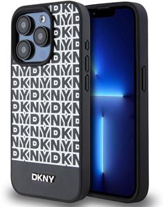 DKNY PU Leather Repeat Pattern Bottom Stripe kryt pre iPhone 14 Pro Max, čierny