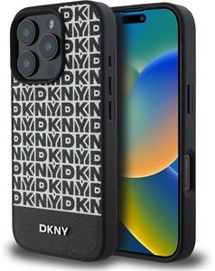 DKNY PU Leather Repeat Pattern Bottom Stripe MagSafe kryt pre iPhone 16 Pro, čierny