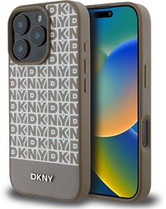 DKNY PU Leather Repeat Pattern Bottom Stripe MagSafe kryt pre iPhone 16 Pro, hnedý