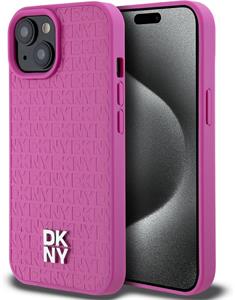 DKNY PU Leather Repeat Pattern Stack Logo Magsafe kryt pre iPhone 15, ružový