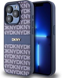 DKNY PU Leather Repeat Pattern Tonal Stripe kryt pre iPhone 14 Pro, modrý