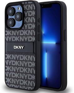 DKNY PU Leather Repeat Pattern Tonal Stripe kryt pre iPhone 15 Pro Max, čierny