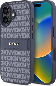 DKNY PU Leather Repeat Pattern Tonal Stripe kryt pre iPhone 16, modrý