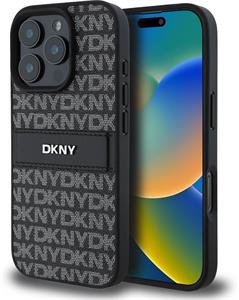 DKNY PU Leather Repeat Pattern Tonal Stripe kryt pre iPhone 16 Pro, čierny