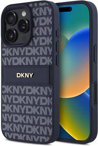 DKNY PU Leather Repeat Pattern Tonal Stripe kryt pre iPhone 16 Pro Max, modrý