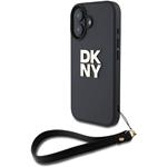 DKNY PU Leather Stack Logo Wrist Strap kryt pre iPhone 16, čierny