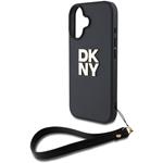 DKNY PU Leather Stack Logo Wrist Strap kryt pre iPhone 16, čierny