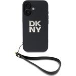 DKNY PU Leather Stack Logo Wrist Strap kryt pre iPhone 16, čierny