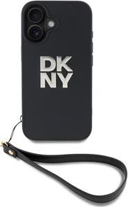 DKNY PU Leather Stack Logo Wrist Strap kryt pre iPhone 16, čierny