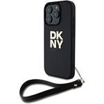 DKNY PU Leather Stack Logo Wrist Strap kryt pre iPhone 16 Pro, čierny