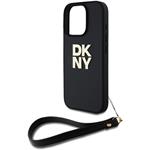 DKNY PU Leather Stack Logo Wrist Strap kryt pre iPhone 16 Pro, čierny