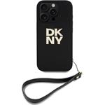 DKNY PU Leather Stack Logo Wrist Strap kryt pre iPhone 16 Pro, čierny