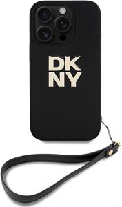 DKNY PU Leather Stack Logo Wrist Strap kryt pre iPhone 16 Pro, čierny