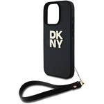 DKNY PU Leather Stack Logo Wrist Strap kryt pre iPhone 16 Pro Max, čierny