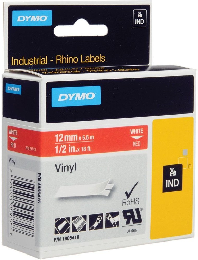 Dymo Rhino 1805416 12mm, červená / biela tlač, 5.5m, vinylová