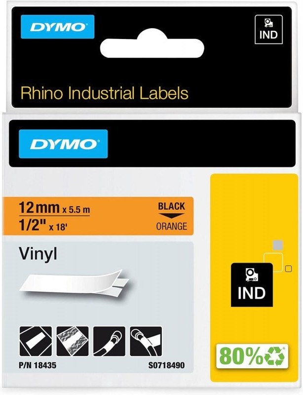 Dymo Rhino 18435 12mm, oranžová / čierna tlač, 5.5m, vinylová