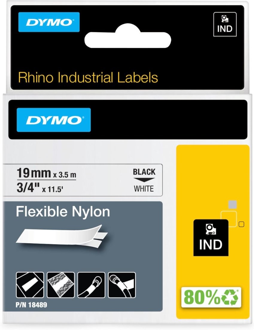 Dymo Rhino 18489 19mm, biela / čierna tlač, 3.5m, flexibilná nylonová