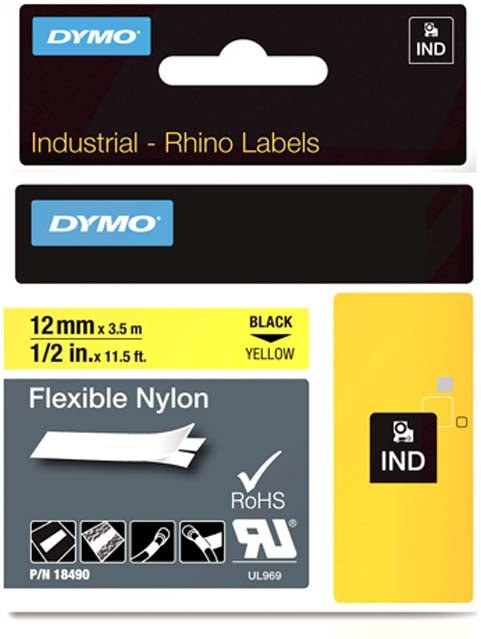 Dymo Rhino 18756 12mm, žltá / čierna tlač, 3.5m, flexibilná nylonová